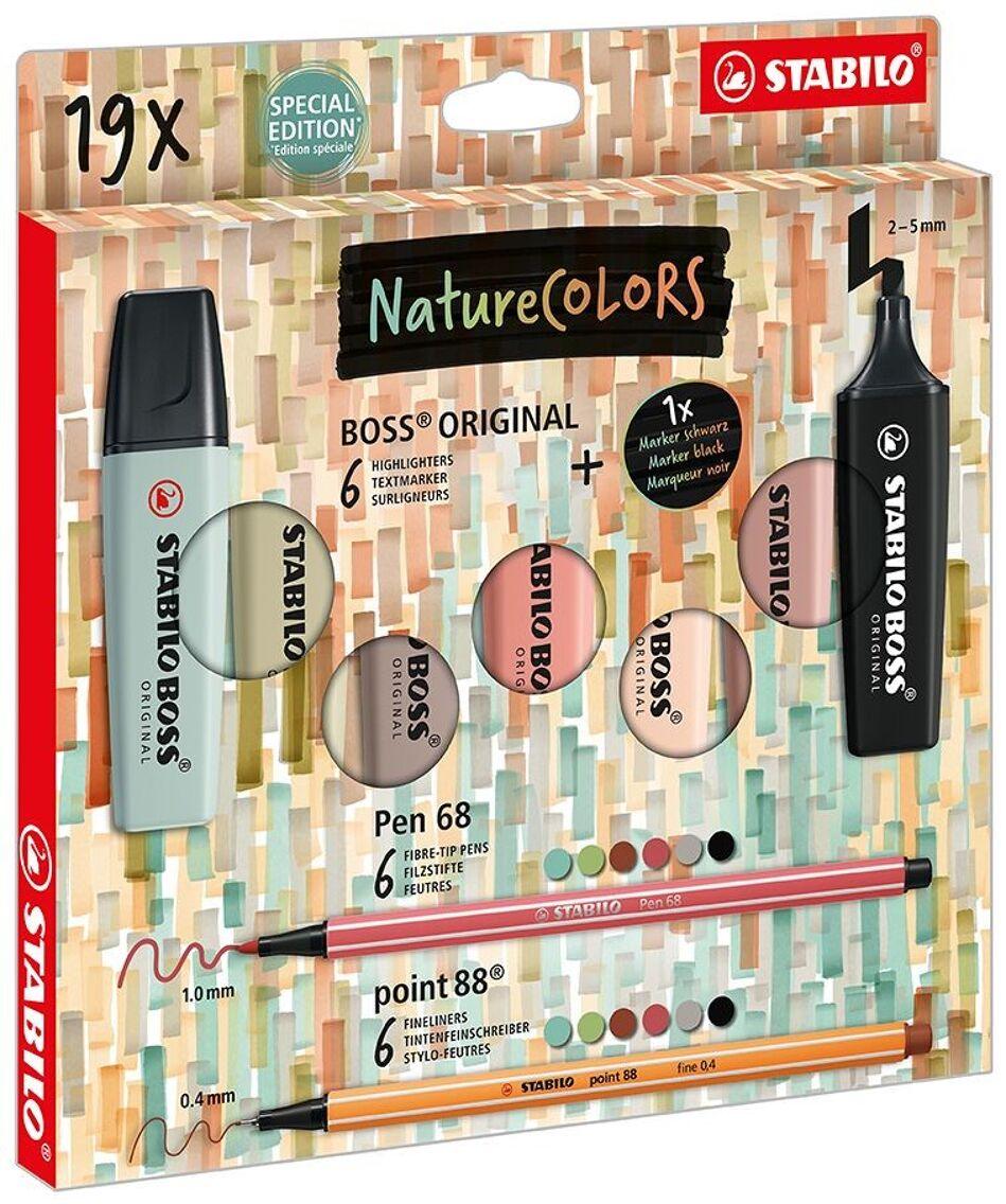 Coffret Stabilo 19 pièces : 6 surligneurs + 6 feutres + 6 stylos feutres + 1 marqueur. Nature colors. - Organisatoo