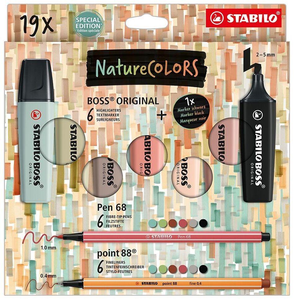 Coffret Stabilo 19 pièces : 6 surligneurs + 6 feutres + 6 stylos feutres + 1 marqueur. Nature colors. - Organisatoo