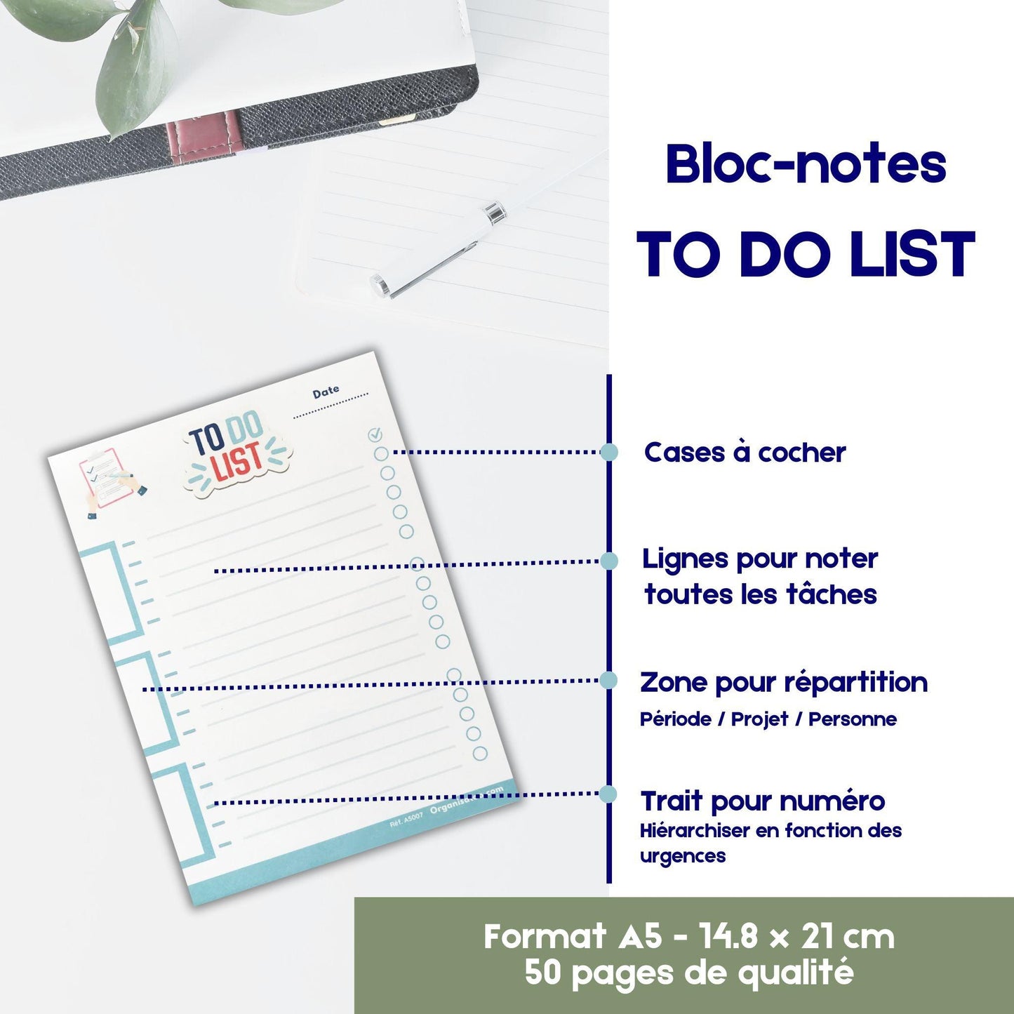 Bloc To do list - pense bêtes des tâches à faire A5 - Organisatoo