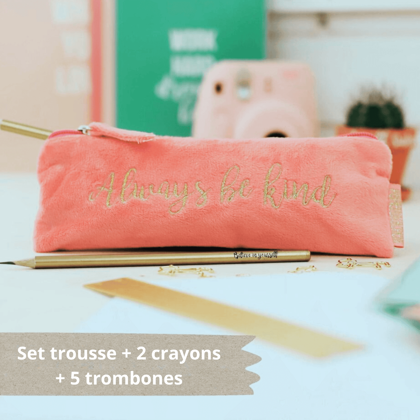 Set Trousse rose avec 2 crayons et 5 trombones animaux - Organisatoo