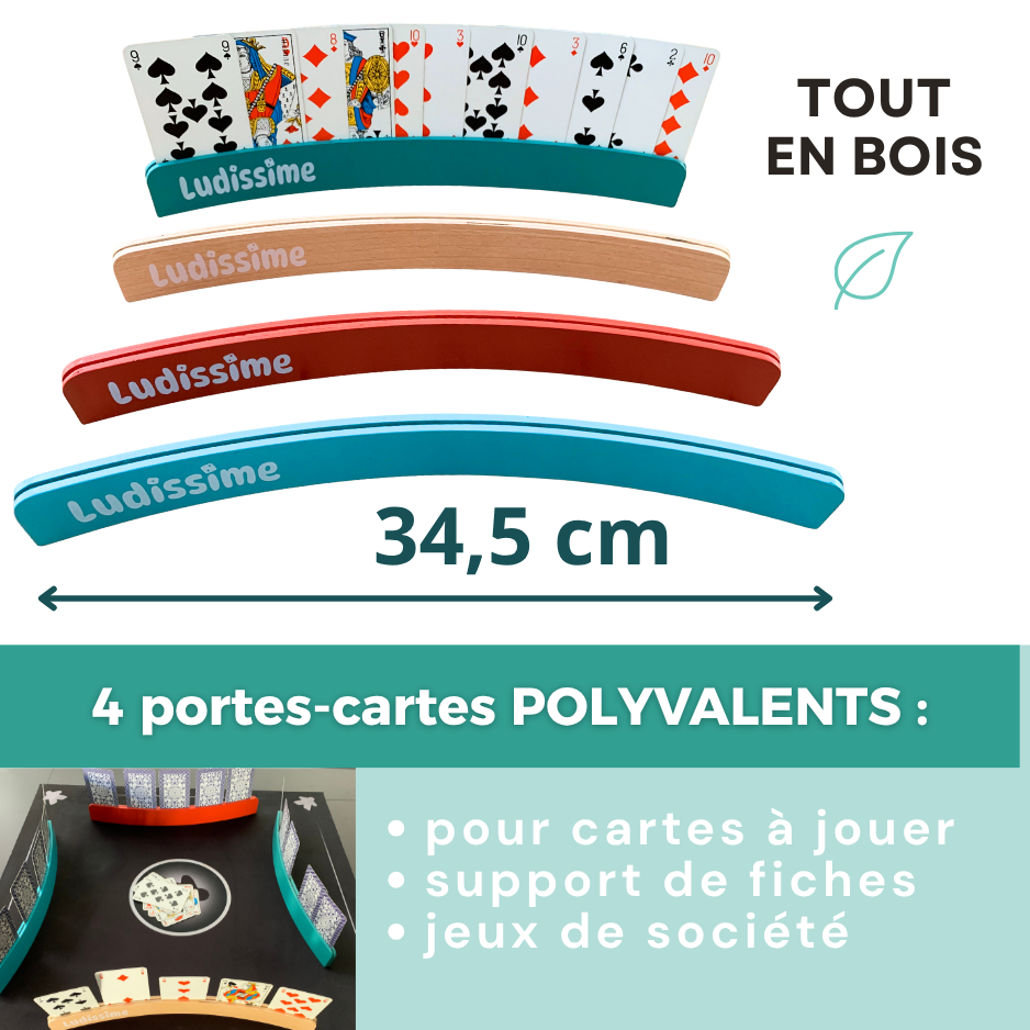 Lot de 4 supports de cartes en bois – Porte-cartes à jouer incurvés Premium