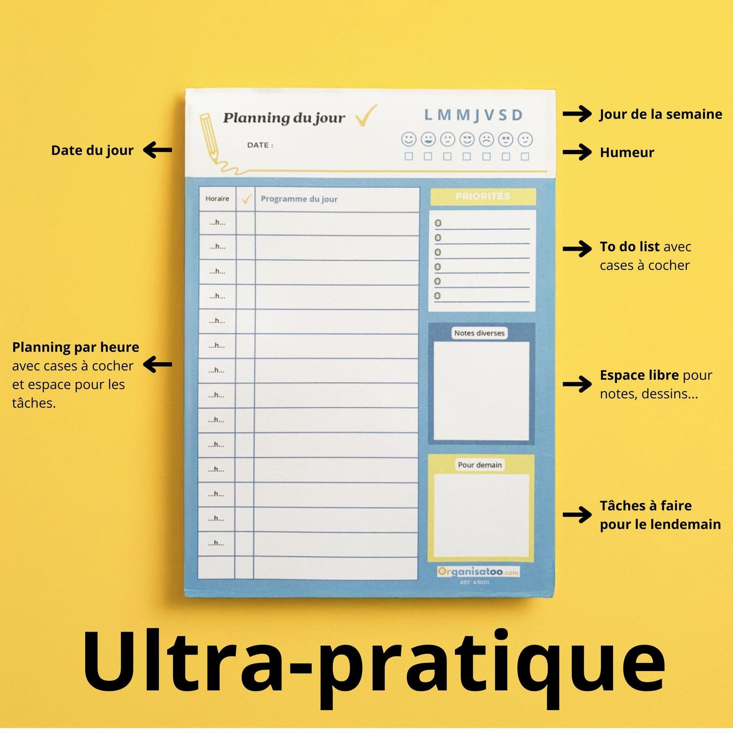 Bloc Planning du jour - planificateur quotidien A5 - Organisatoo
