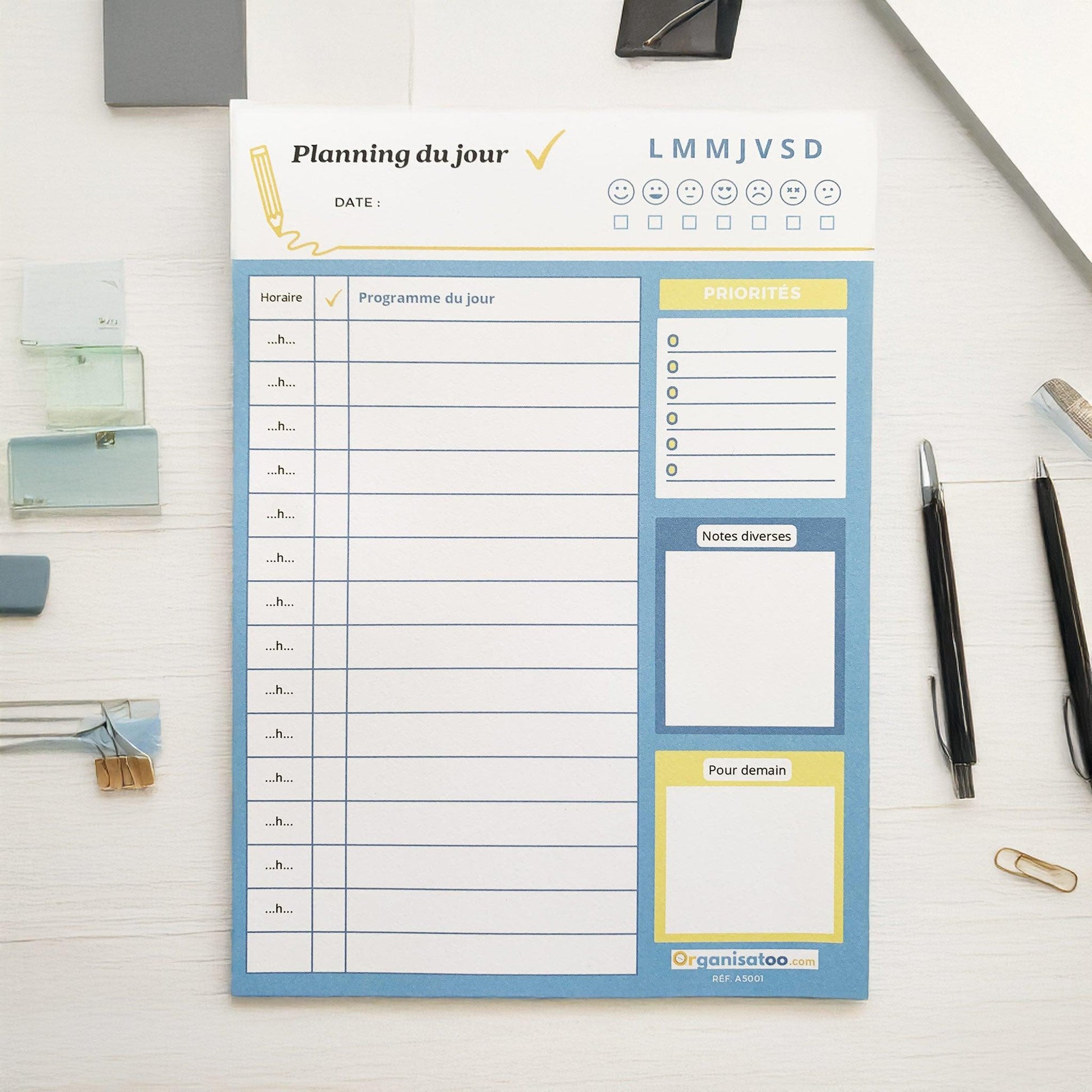 Bloc Planning du jour - planificateur quotidien A5 - Organisatoo