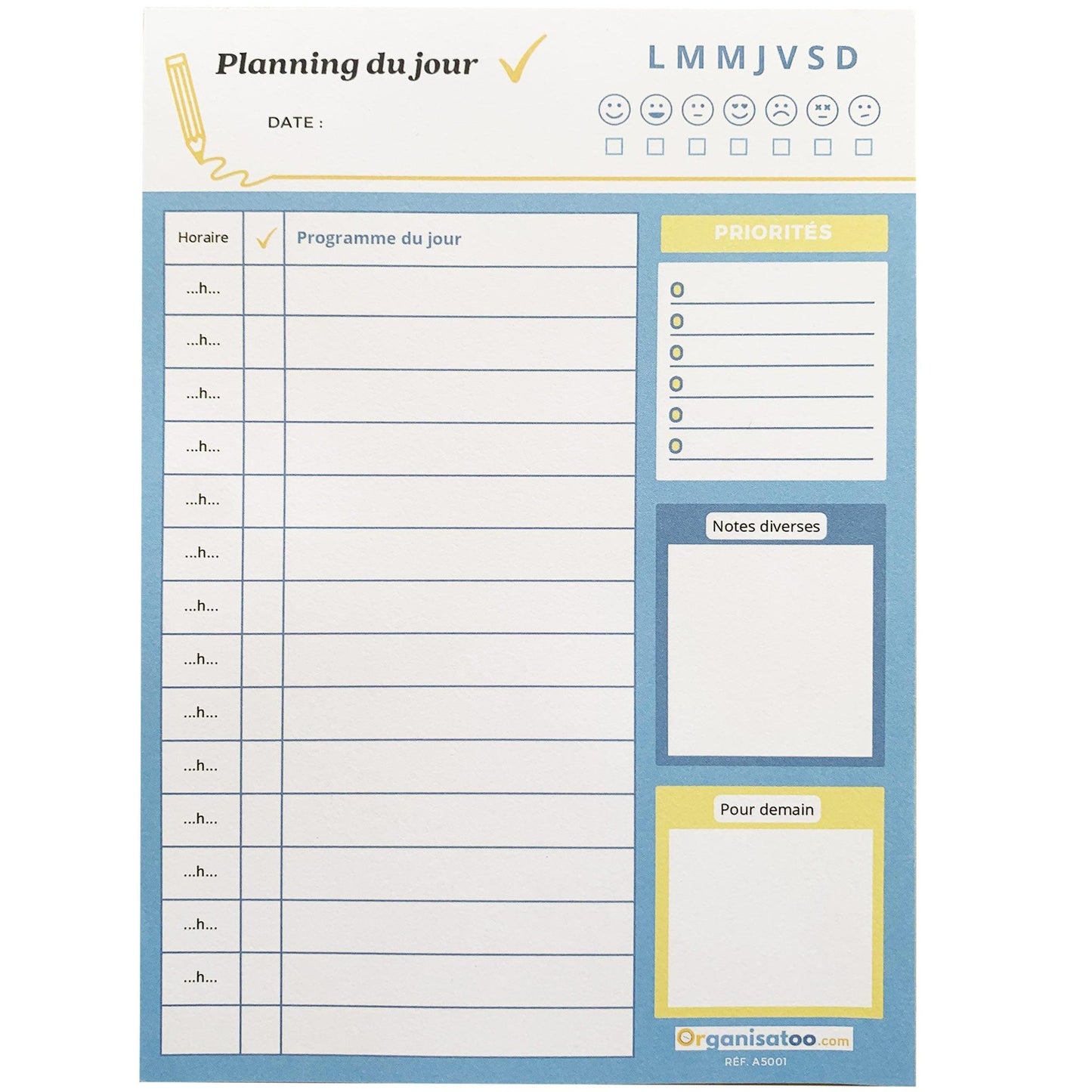 Bloc Planning du jour - planificateur quotidien A5 - Organisatoo