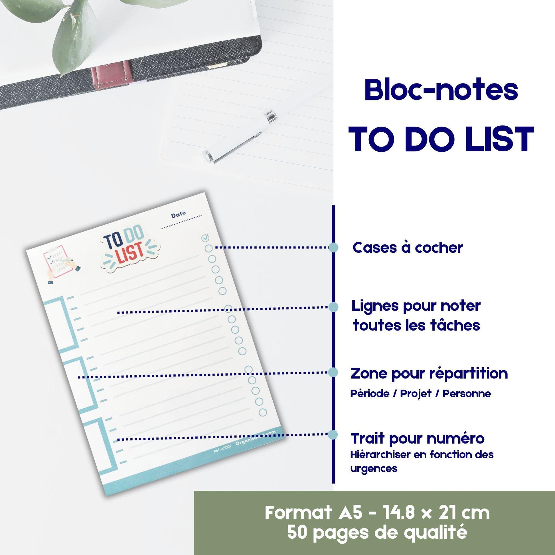 Bloc To do list - pense bêtes des tâches à faire A5 - Organisatoo