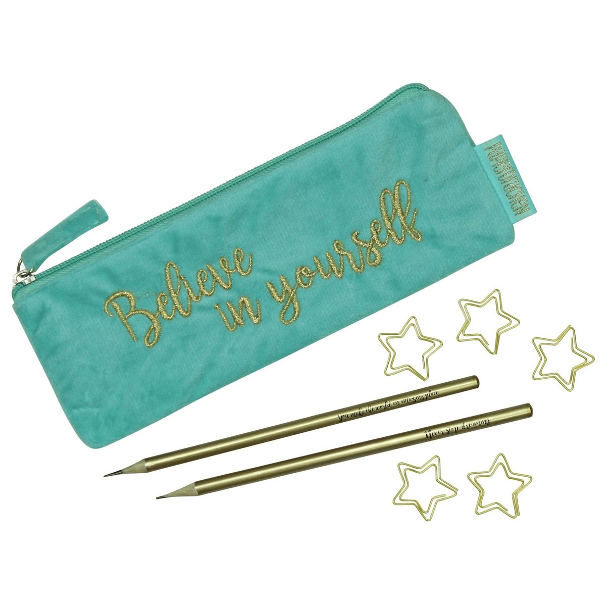 Set Trousse turquoise avec 2 crayons et 5 trombones étoiles - Organisatoo