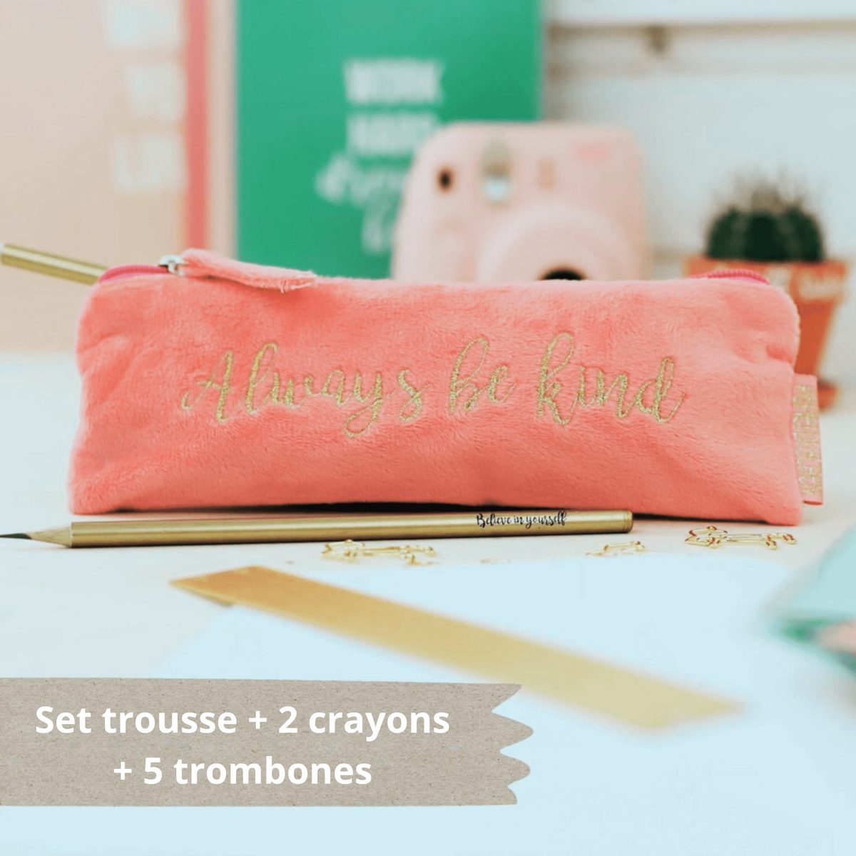 Set Trousse rose avec 2 crayons et 5 trombones animaux - Organisatoo