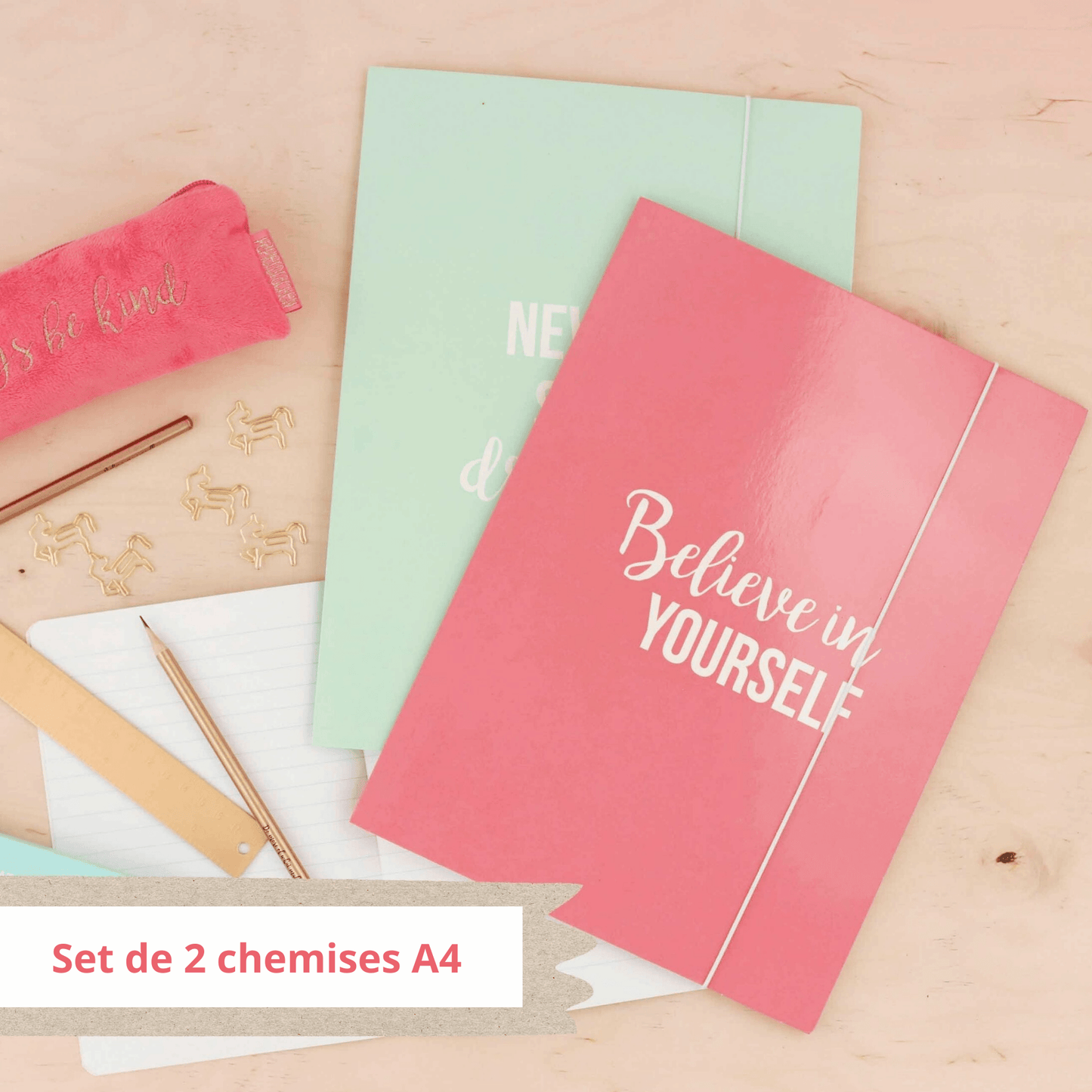 2 Pochettes chemises A4 turquoise et rose - messages motivation - Organisatoo