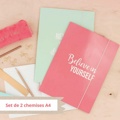 2 Pochettes chemises A4 turquoise et rose - messages motivation - Organisatoo