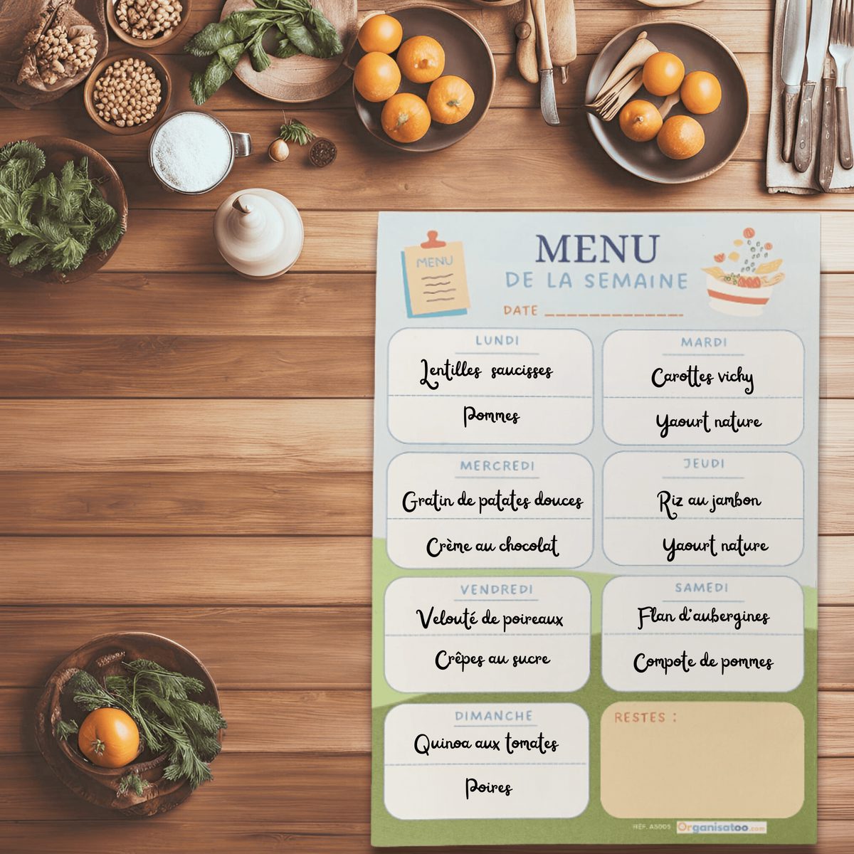 Bloc-notes menu de la semaine - planificateur repas - Organisatoo