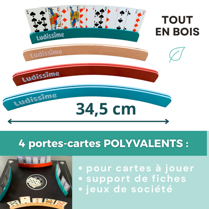 Lot de 4 supports de cartes en bois – Porte-cartes à jouer incurvés Premium