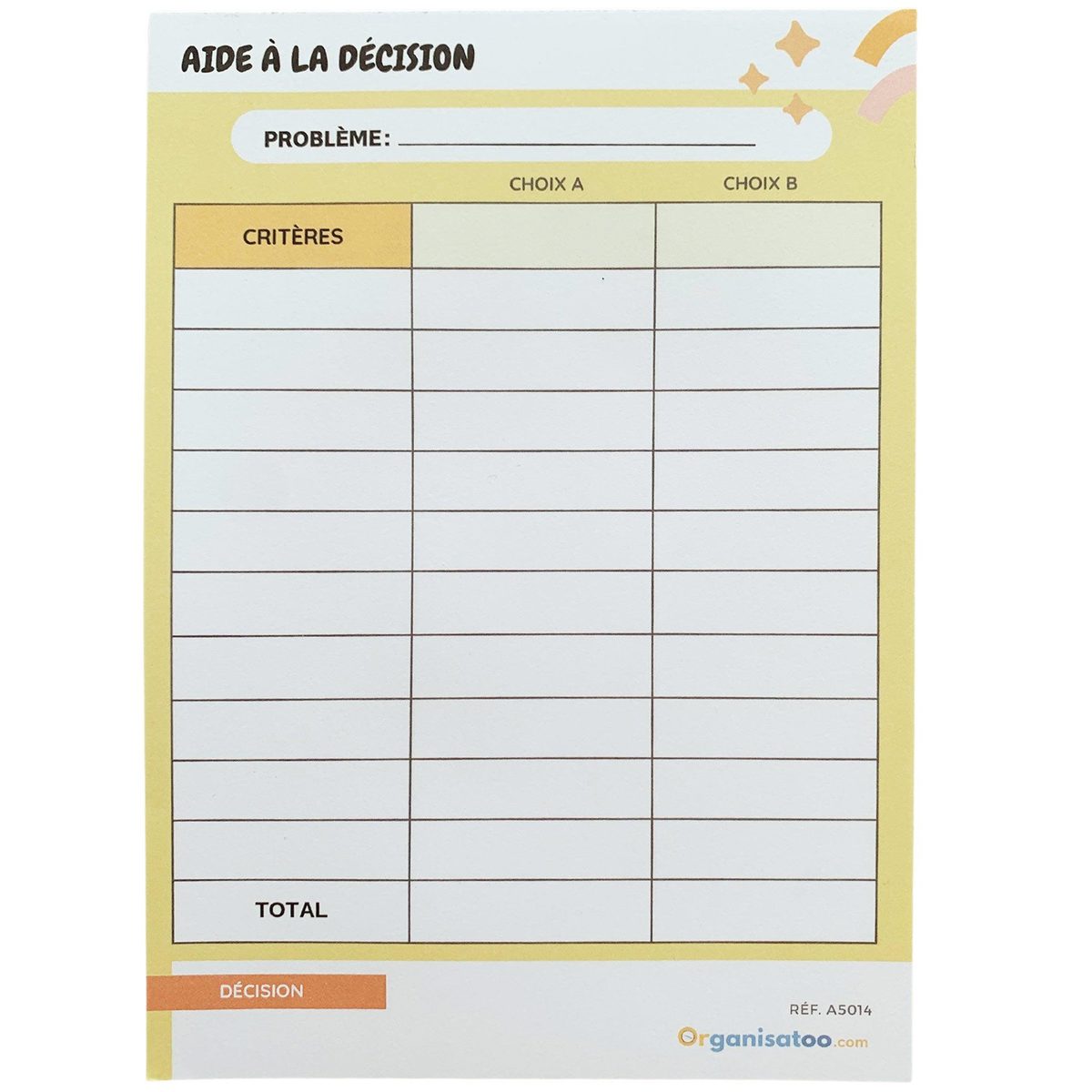 Bloc aide à la décision - analyse des critères - Organisatoo