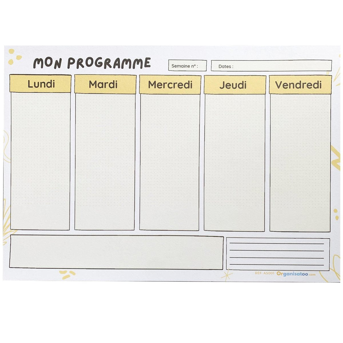 Bloc Mini programme semaine A5 - 5 jours - Organisatoo