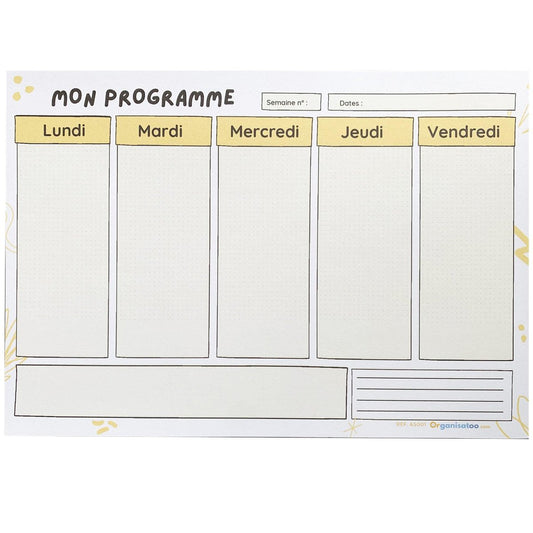 Bloc Mini programme semaine A5 - 5 jours - Organisatoo