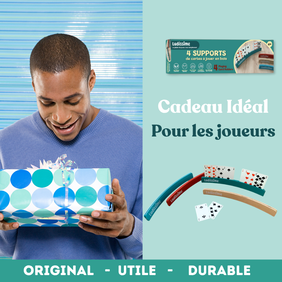 Lot de 4 supports de cartes en bois – Porte-cartes à jouer incurvés Premium