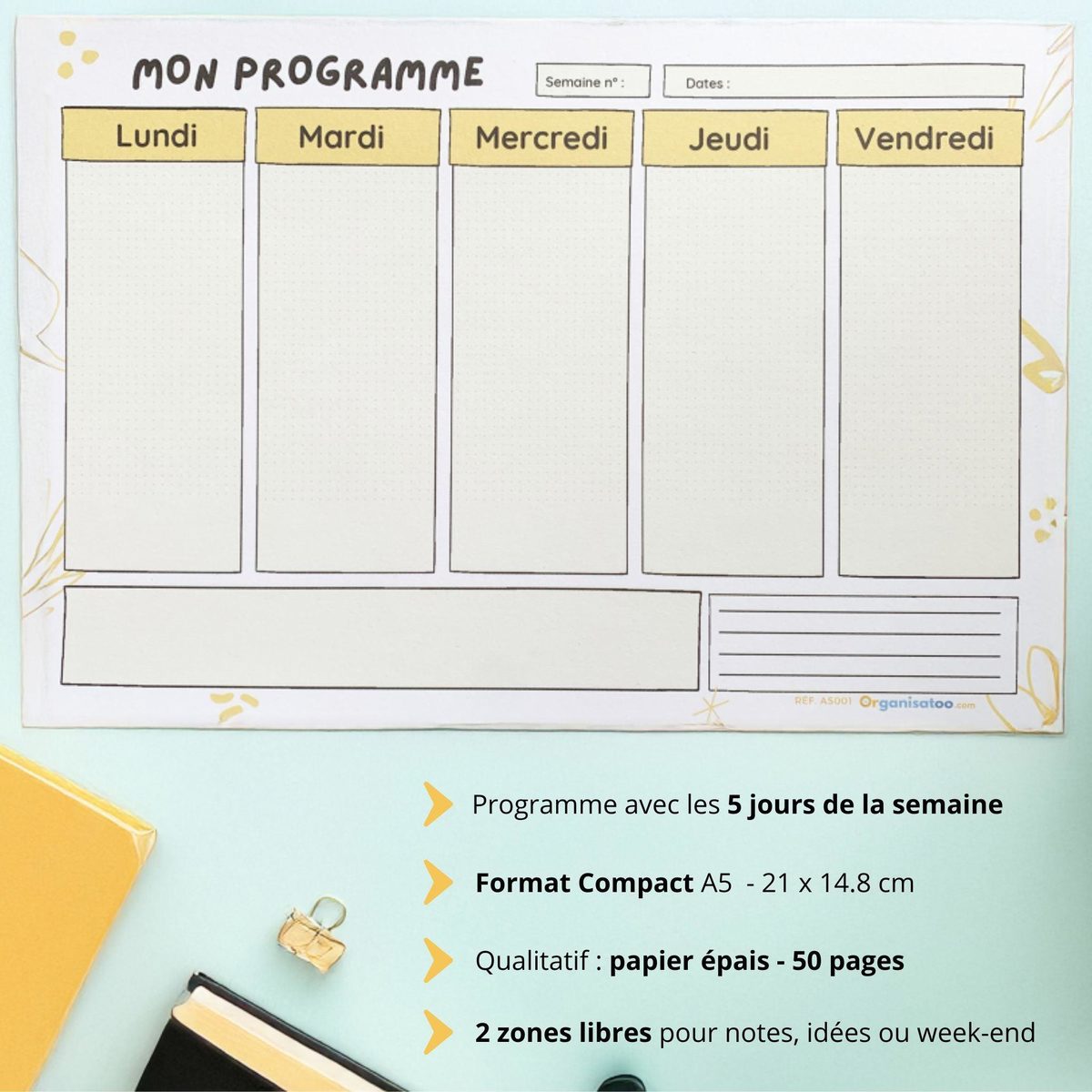 Bloc Mini programme semaine A5 - 5 jours - Organisatoo