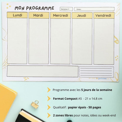 Bloc Mini programme semaine A5 - 5 jours - Organisatoo