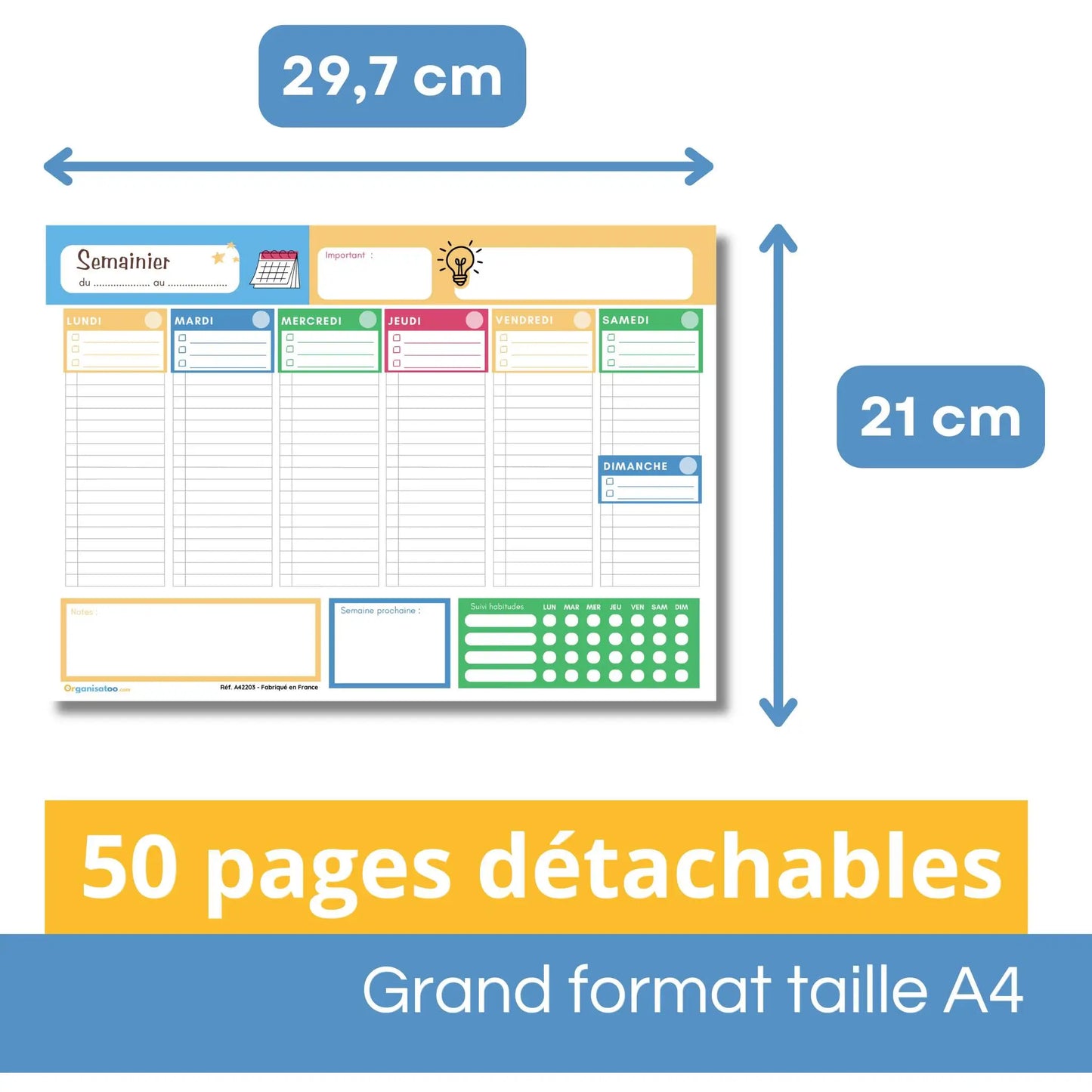 Programme de la semaine A4 - Bloc 50 pages planner avec tracker