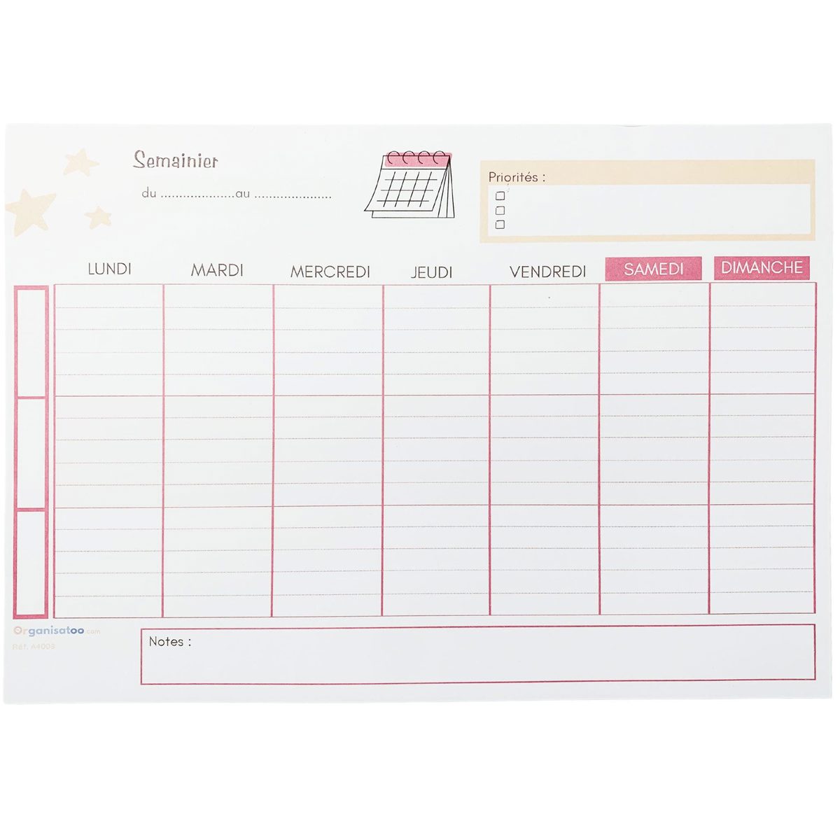 Planning de la semaine papier A4 - Organisatoo