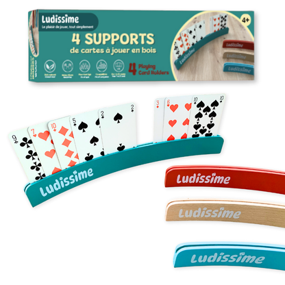Lot de 4 supports de cartes en bois – Porte-cartes à jouer incurvés Premium