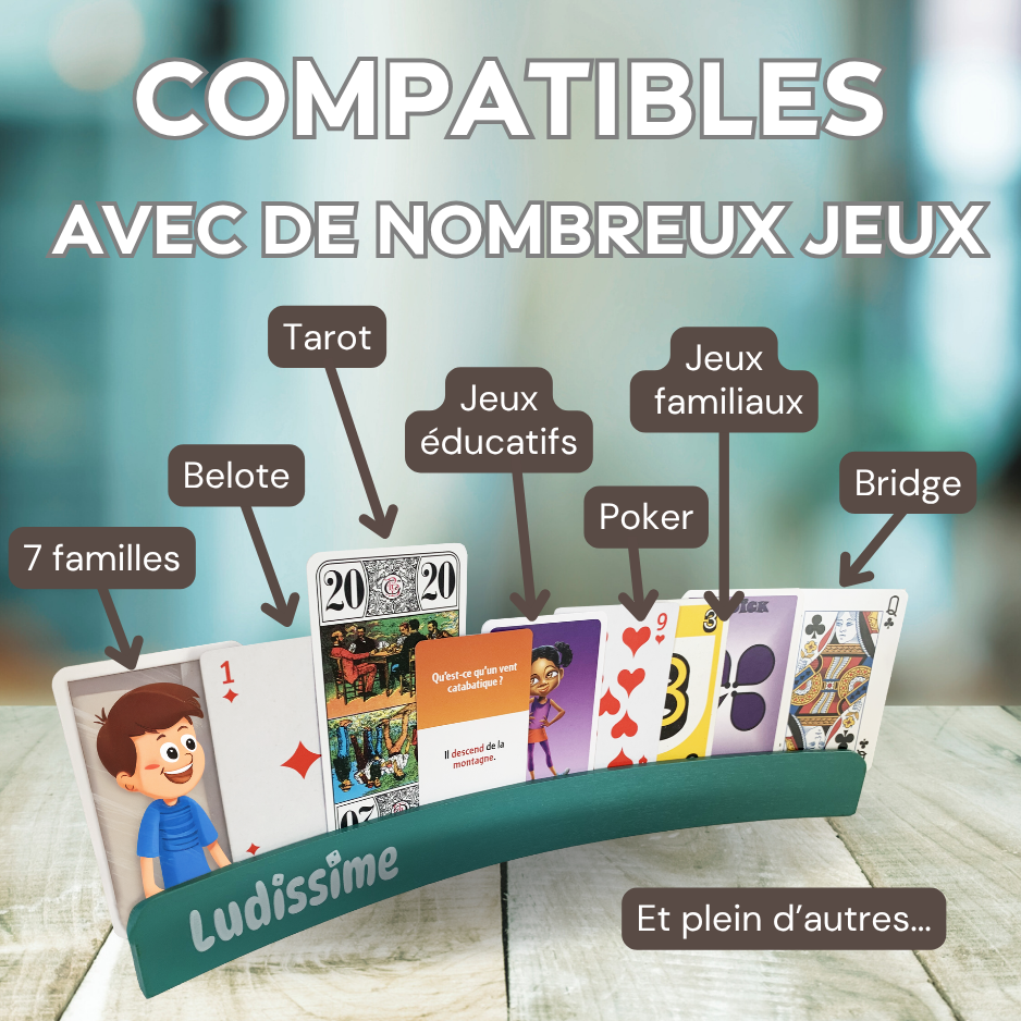 Lot de 4 supports de cartes en bois – Porte-cartes à jouer incurvés Premium