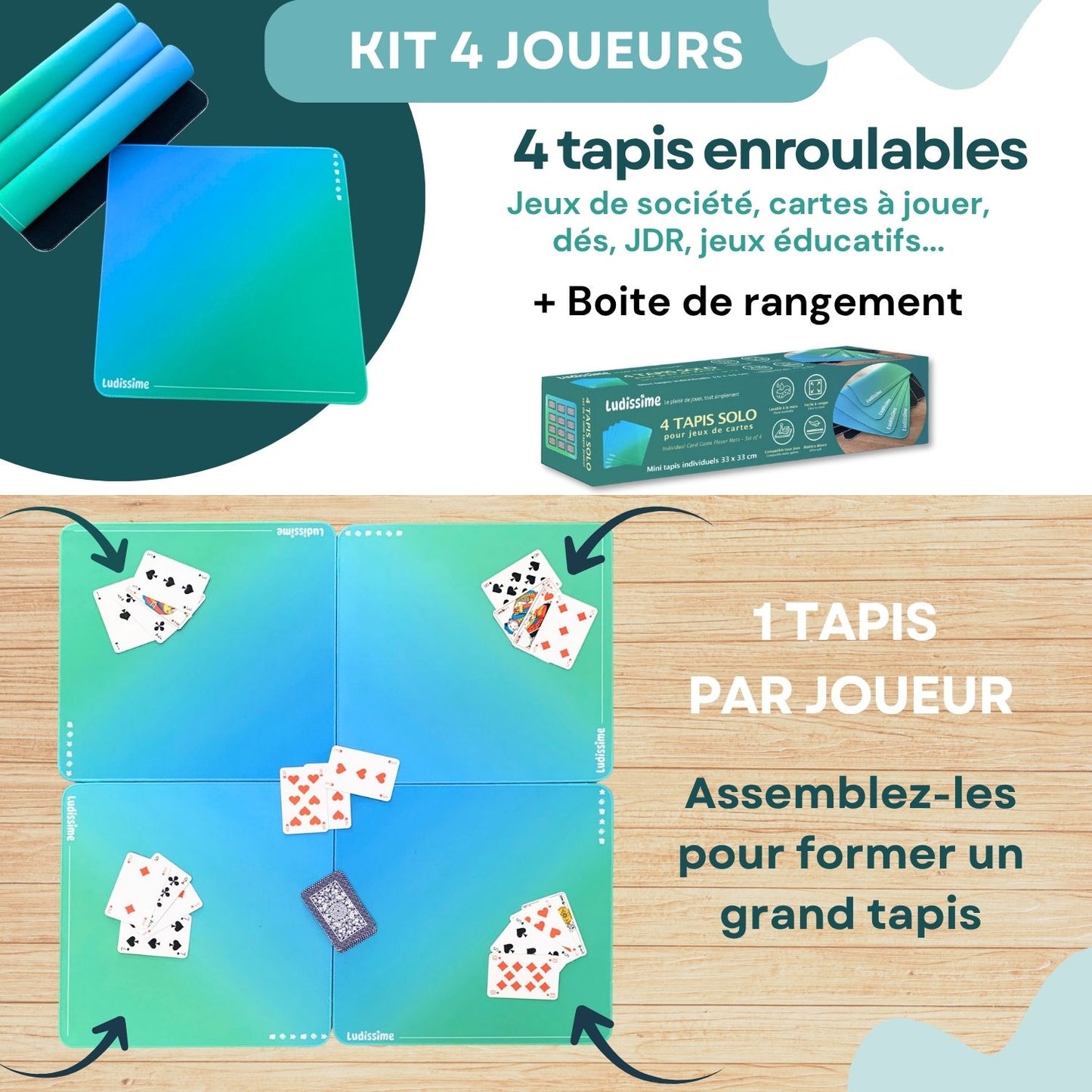 4 mini tapis de jeux de société / cartes à jouer | Format individuel et modulable