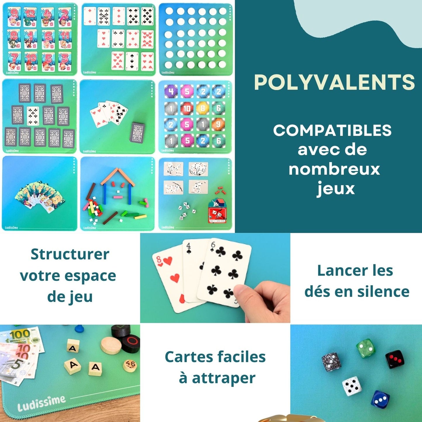 4 mini tapis de jeux de société / cartes à jouer | Format individuel et modulable