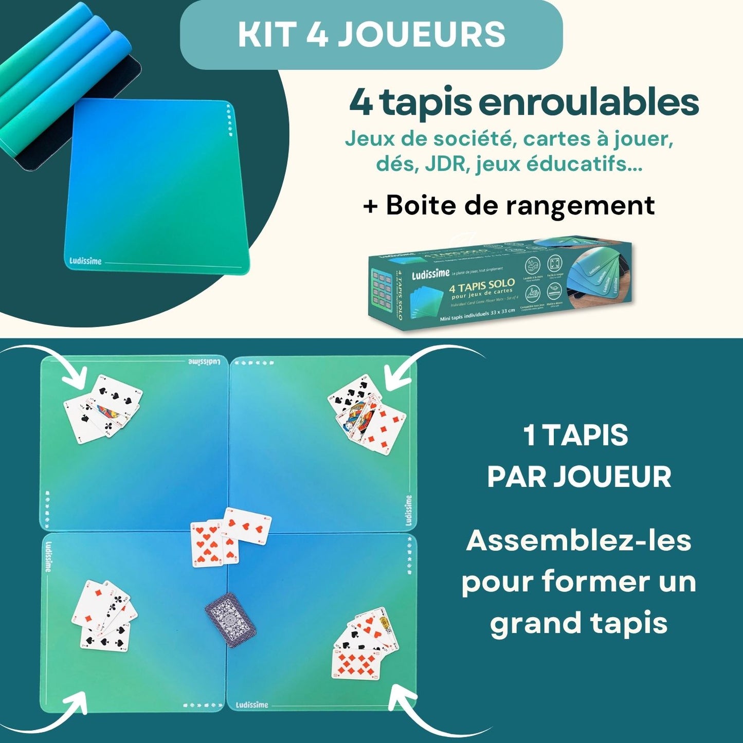 4 mini tapis de jeux de société / cartes à jouer | Format individuel et modulable