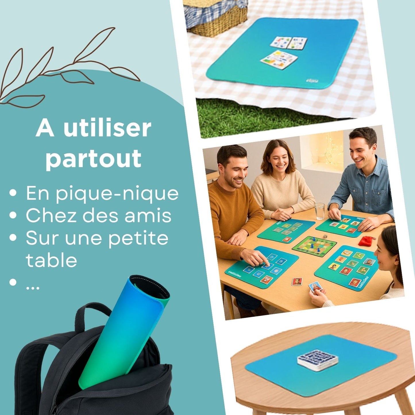 4 mini tapis de jeux de société / cartes à jouer | Format individuel et modulable